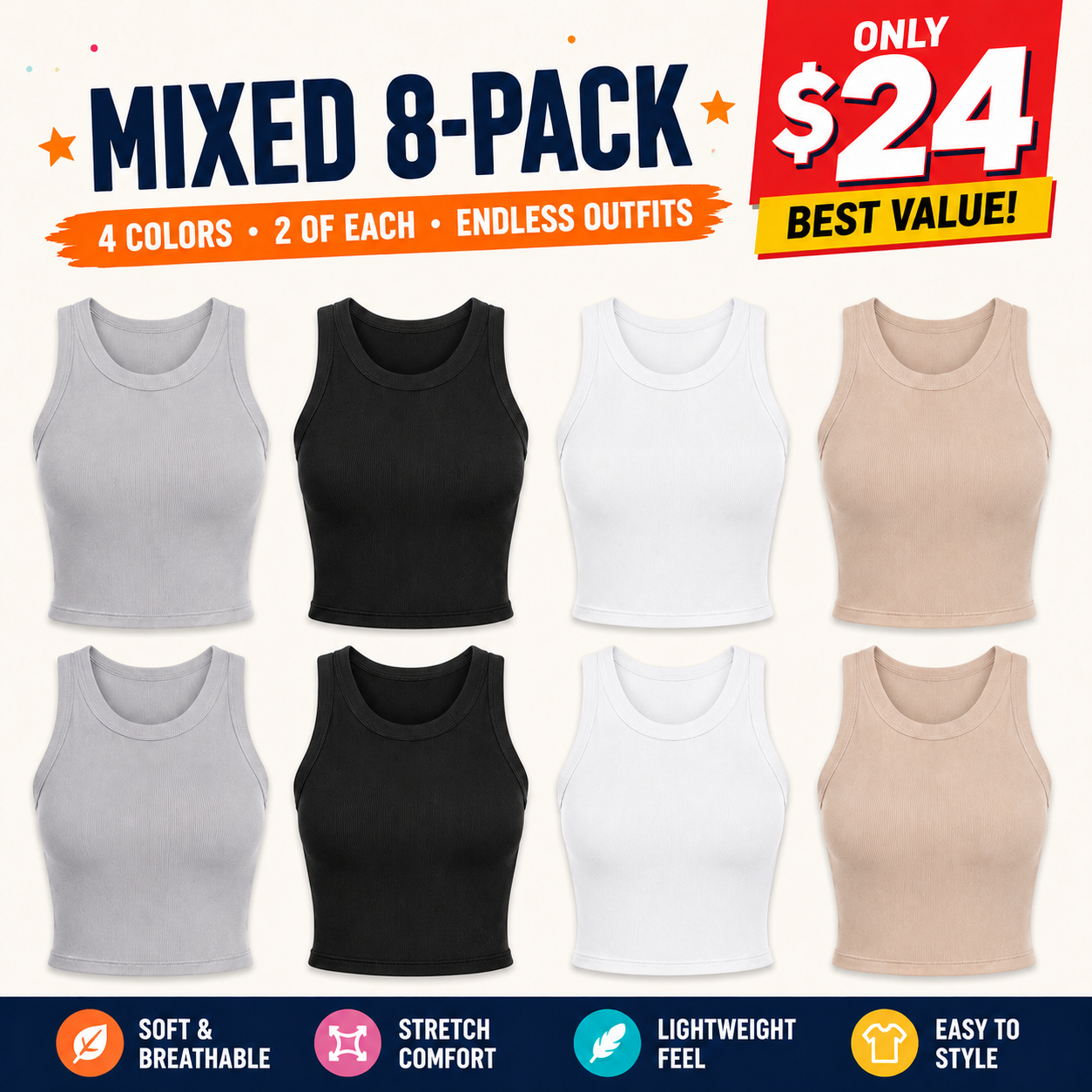 Women's sleeveless tank top with built-in bra; casual, ribbed, slim-fit style featuring a crisscross open back.