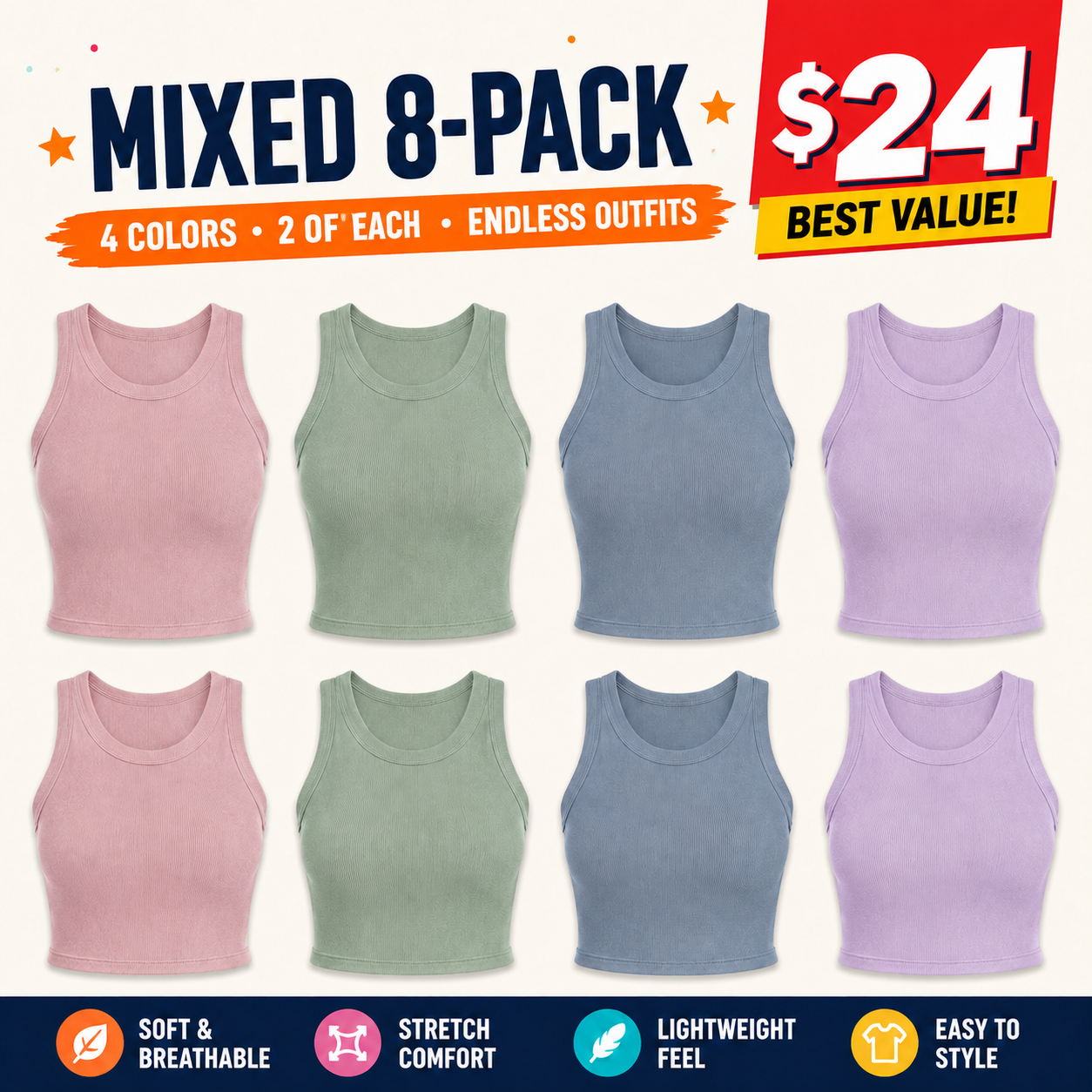 Women's sleeveless tank top with built-in bra; casual, ribbed, slim-fit style featuring a crisscross open back.