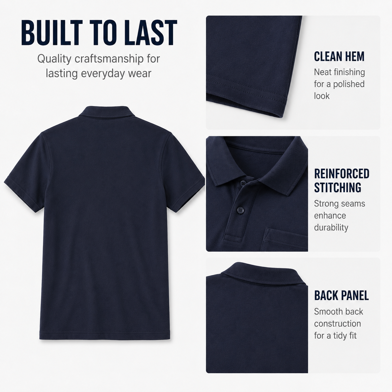 Men's pocket polo hem, stitching, and back construction
