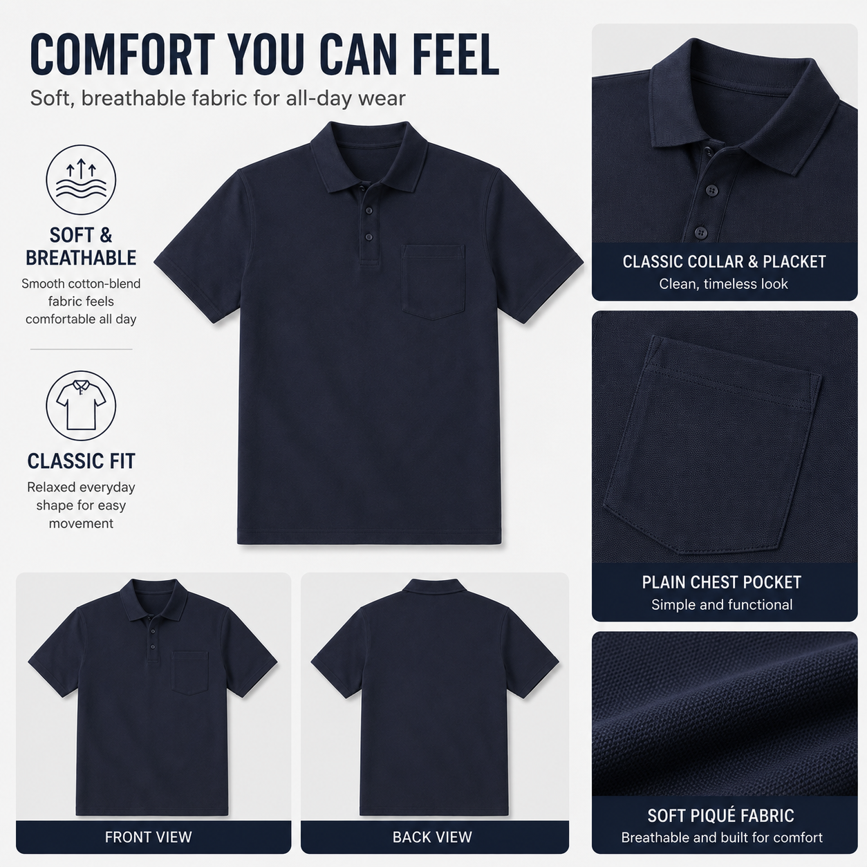 Men's pocket polo piqué texture and fit details