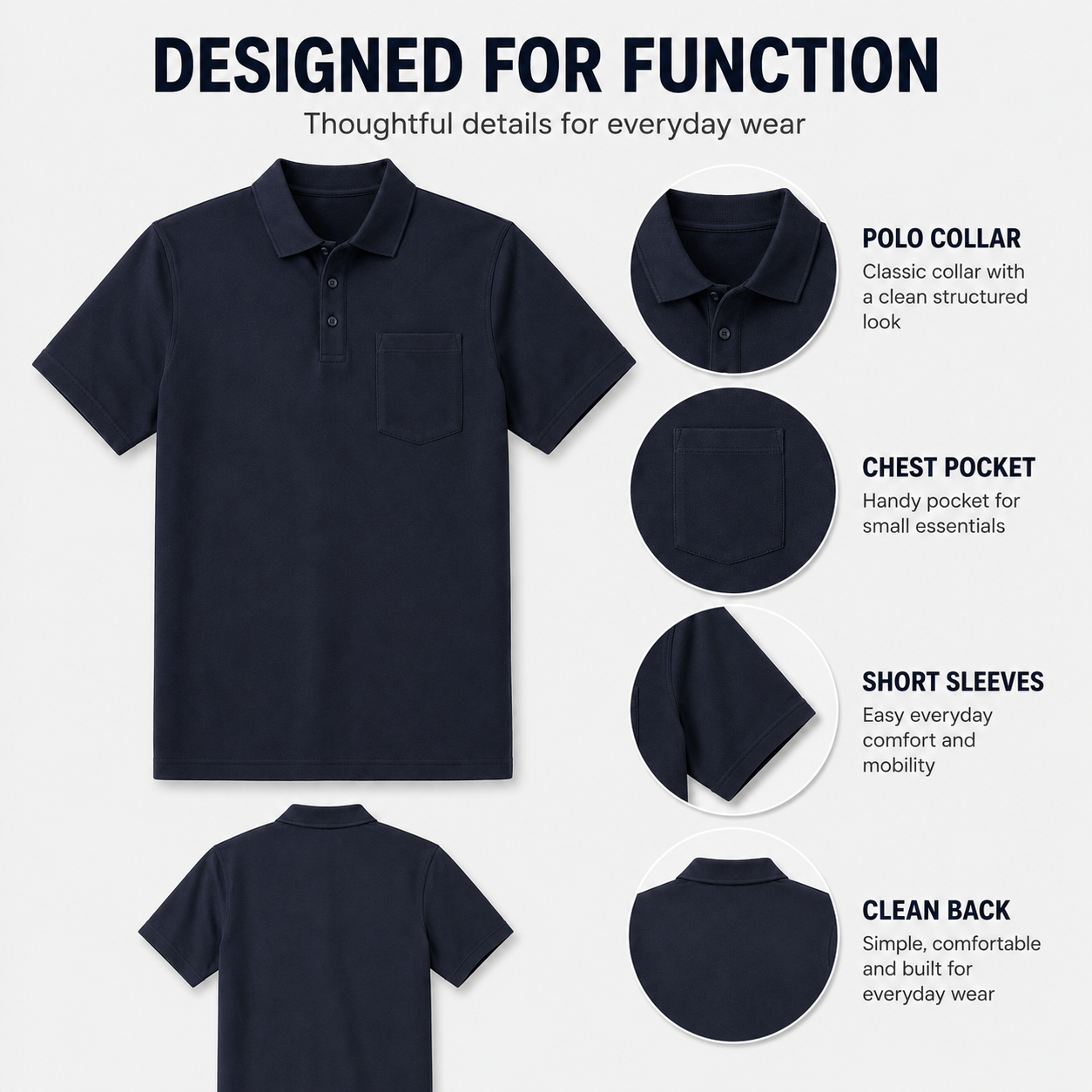 Men's pocket polo collar, pocket, sleeves, and back details