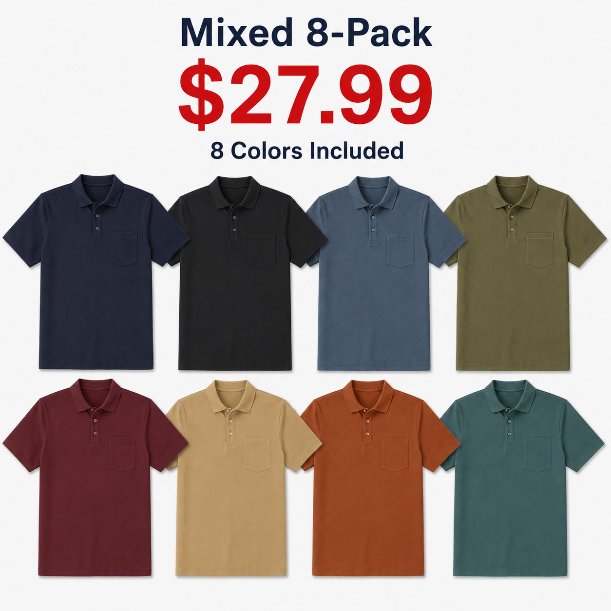 Men's pocket polo Mixed 8-Pack in eight colors