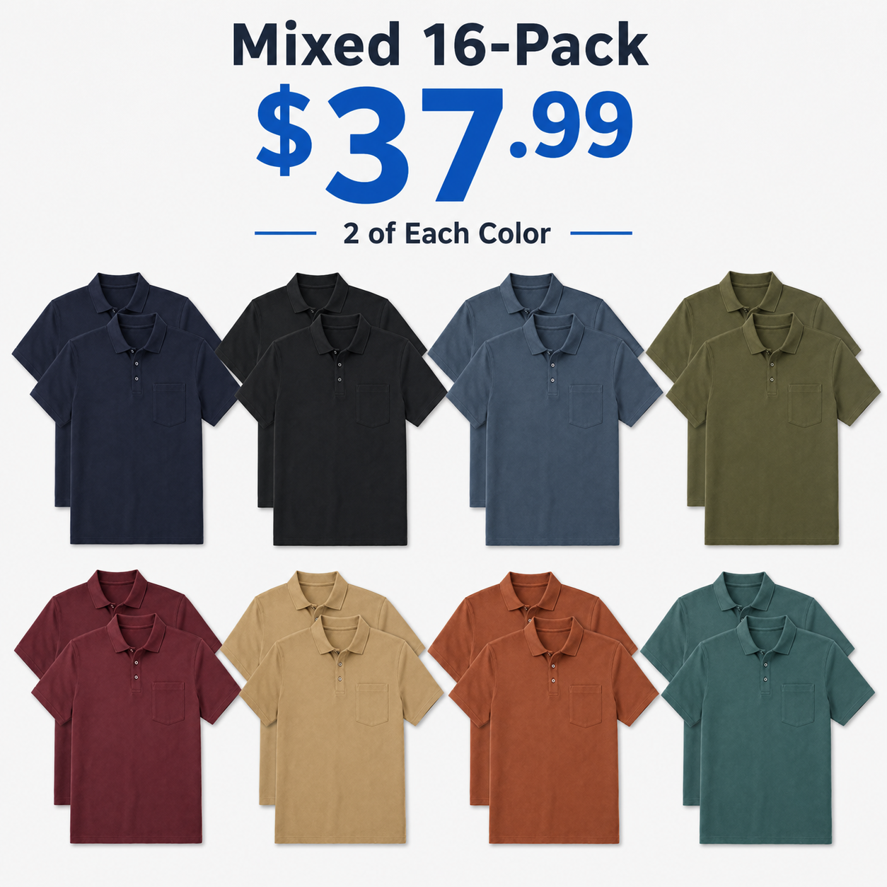 Men's pocket polo Mixed 16-Pack with two of each color