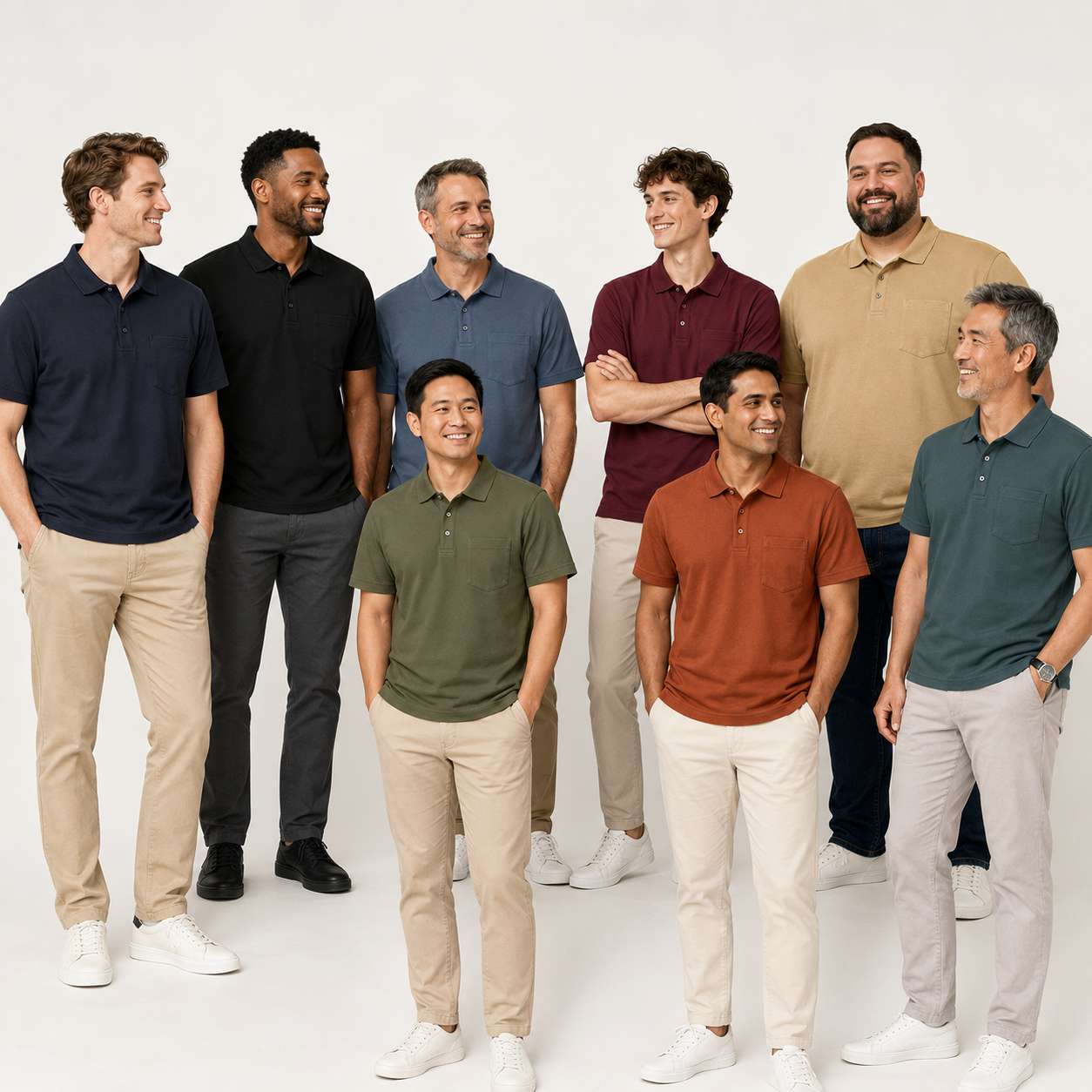 Eight adult men wearing the pocket polo in eight colors