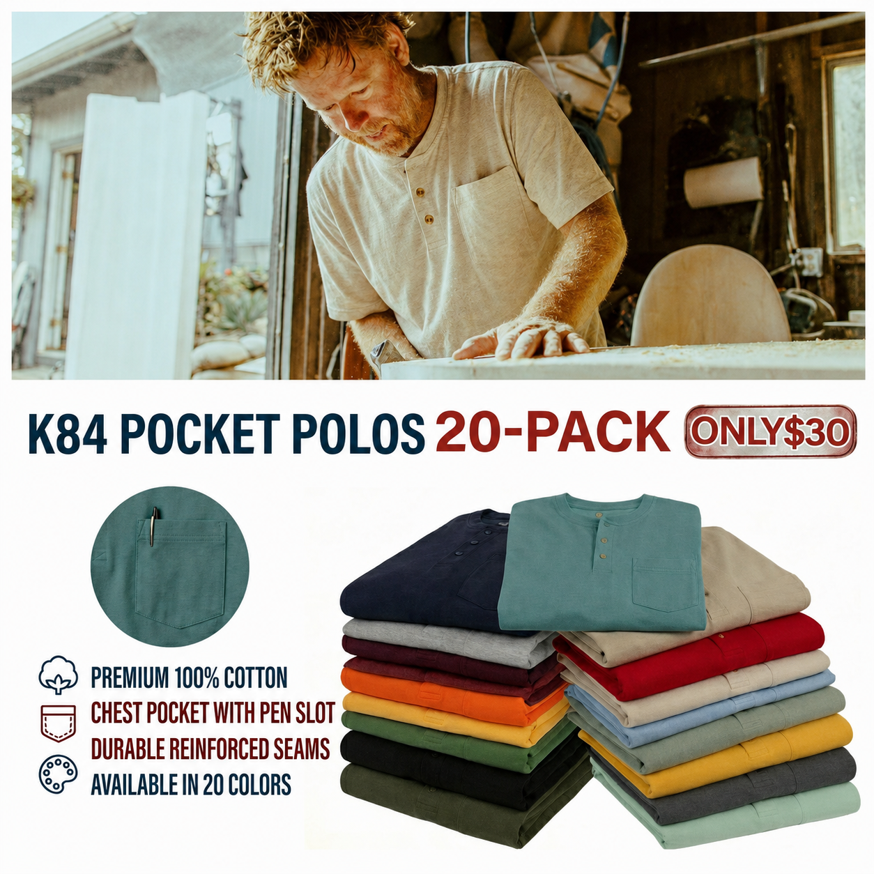 🕒Today Only – Last Day Deal! Men's Heavyweight Work Polo with pocket
