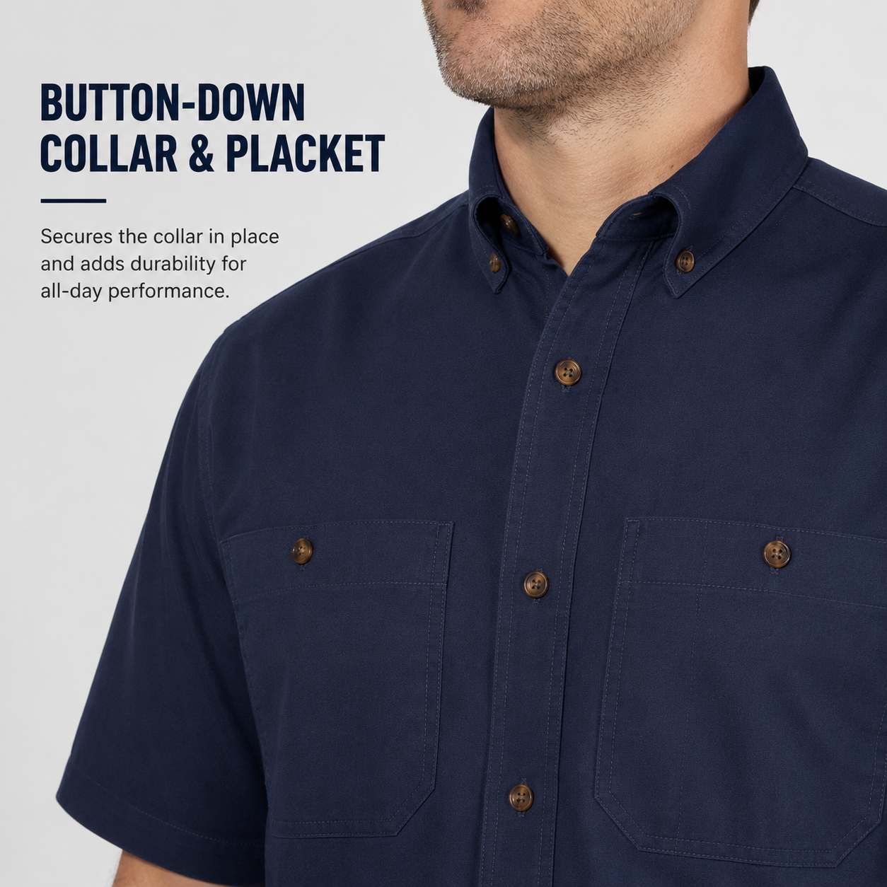 Reinforced back yoke, edge stitching, and curved hem detail