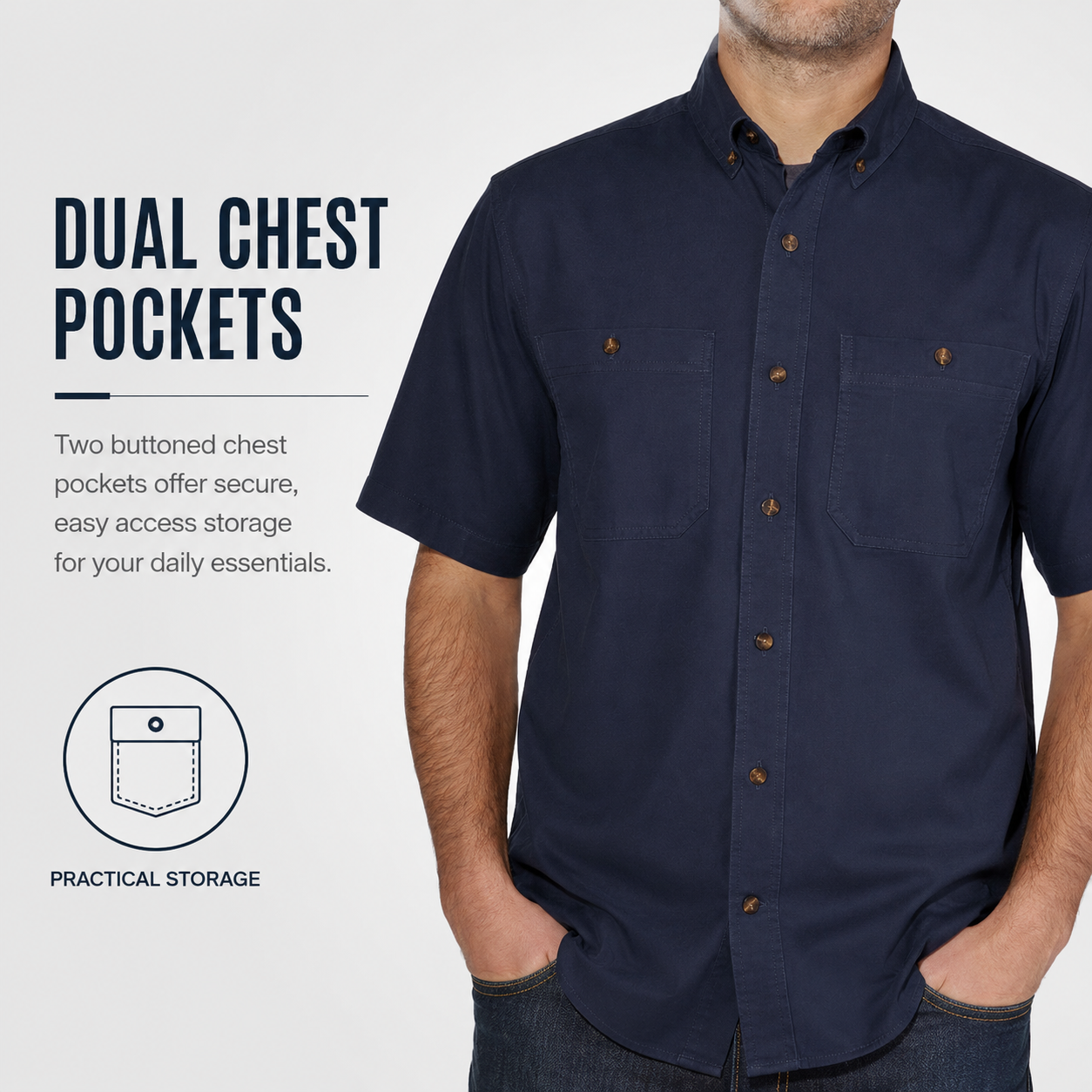 Deep Work Navy button-down work shirt front view