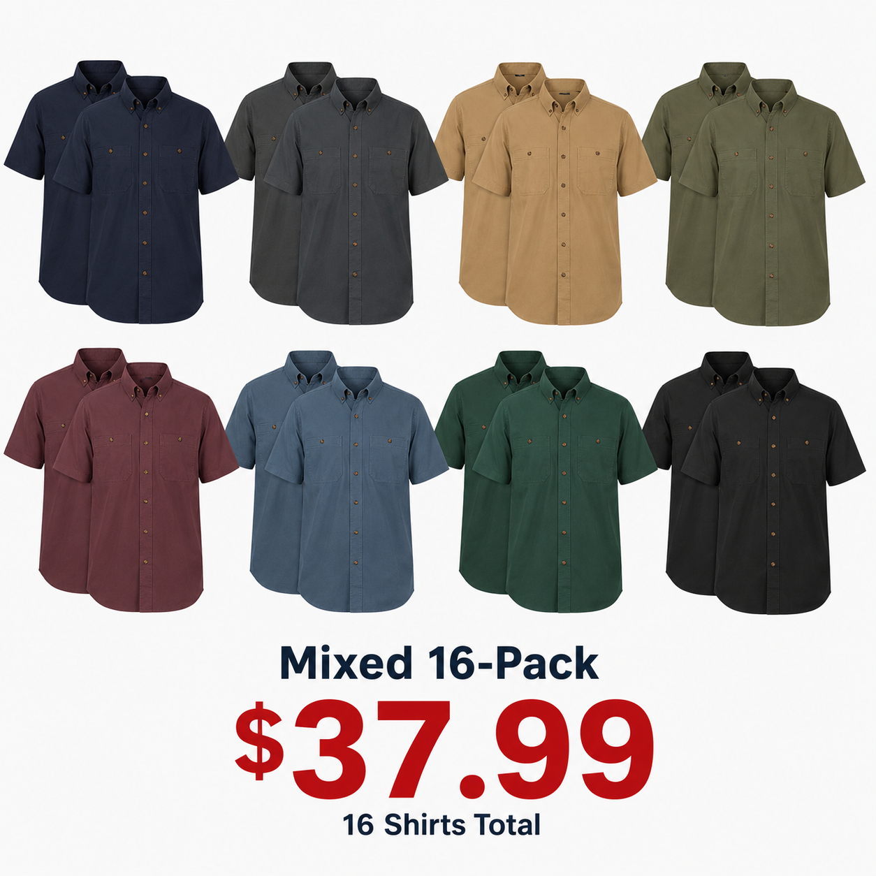 Men's dual-pocket button-down work shirt Mixed 16-Pack