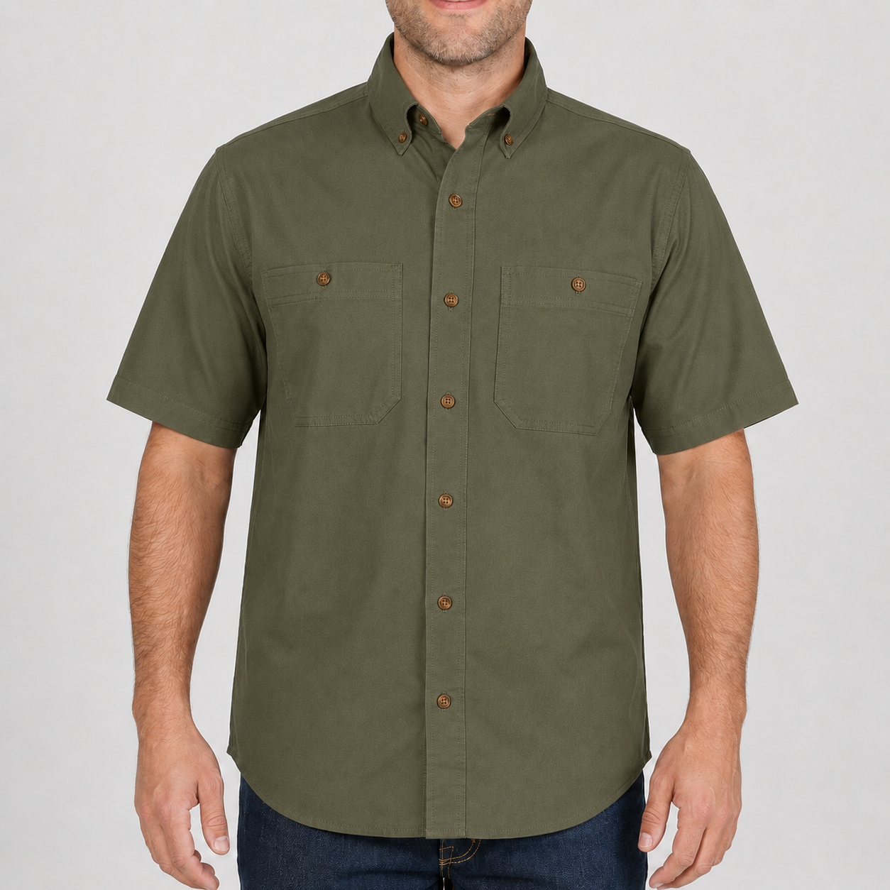 Utility Olive button-down work shirt front view