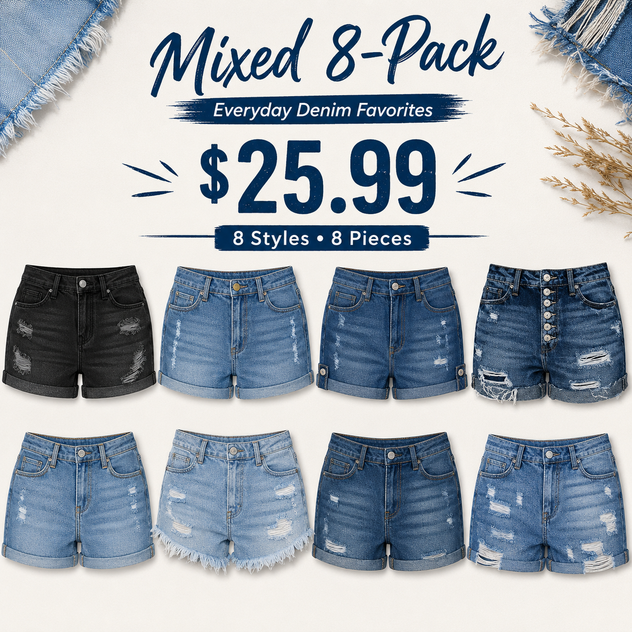 Women's Mid-Rise Stretch Distressed Denim Shorts (Cuffed Hem)