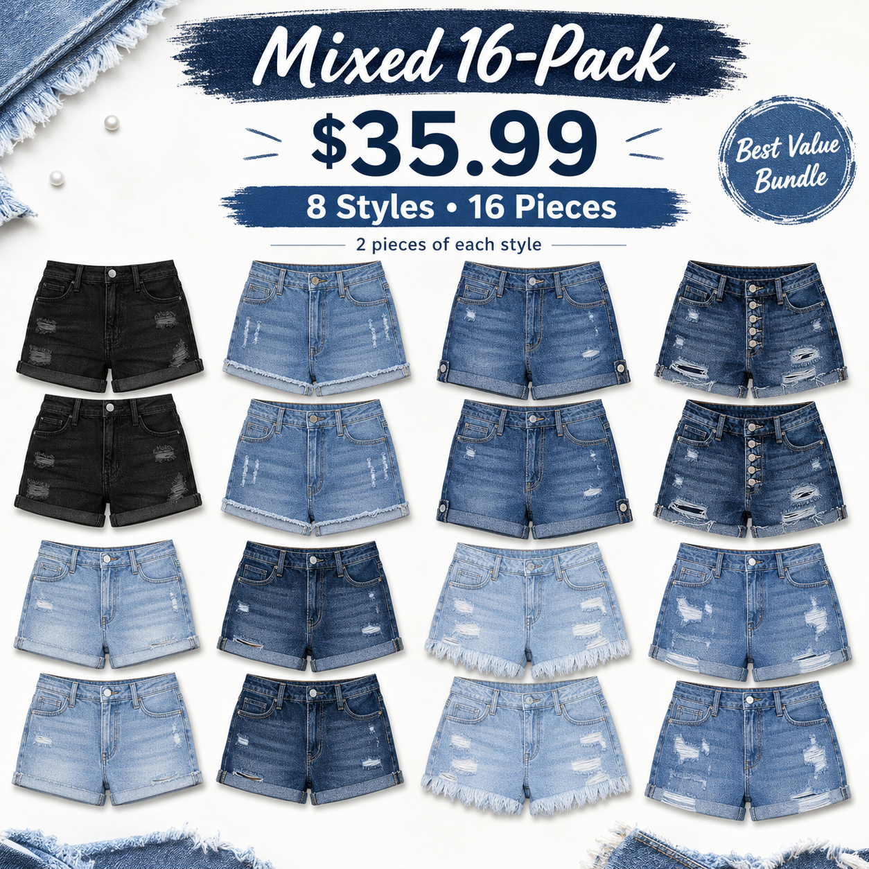 Women's Mid-Rise Stretch Distressed Denim Shorts (Cuffed Hem)