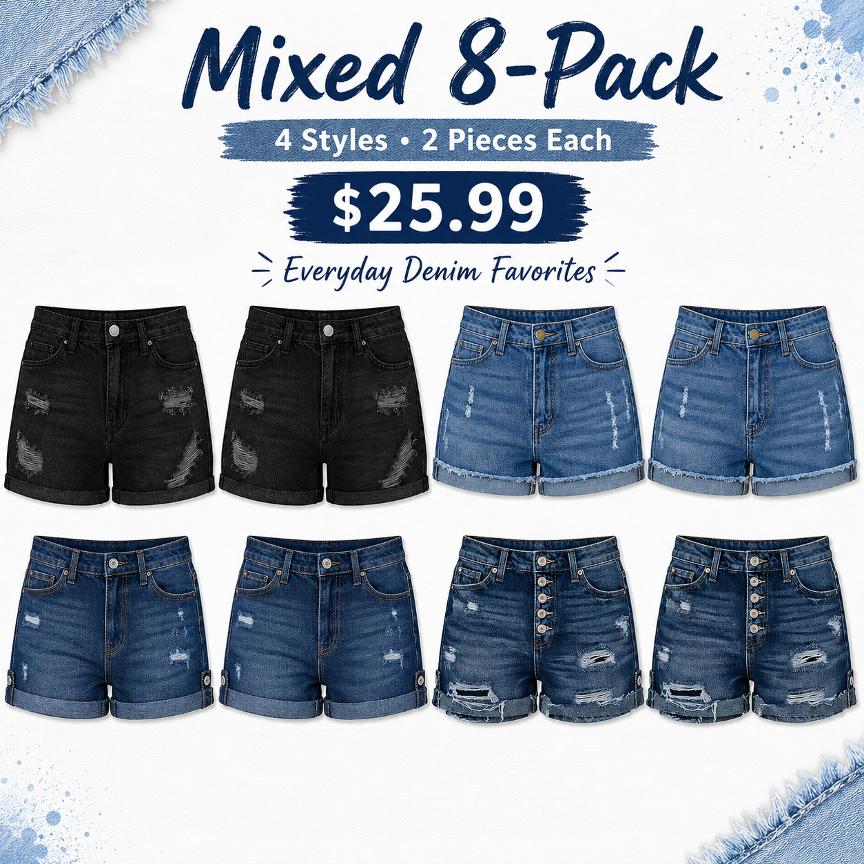 Women's Mid-Rise Stretch Distressed Denim Shorts (Cuffed Hem)