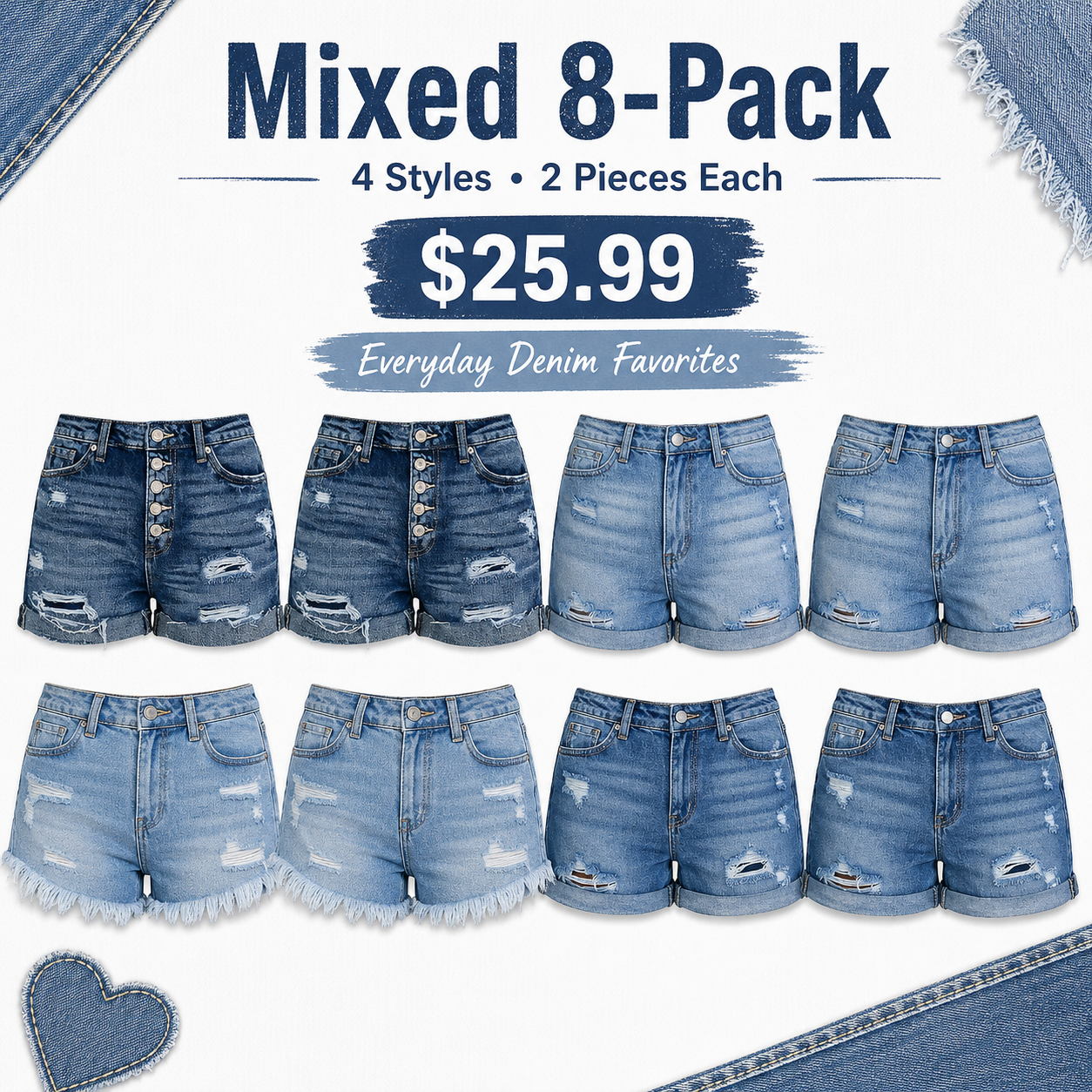 Women's Mid-Rise Stretch Distressed Denim Shorts (Cuffed Hem)