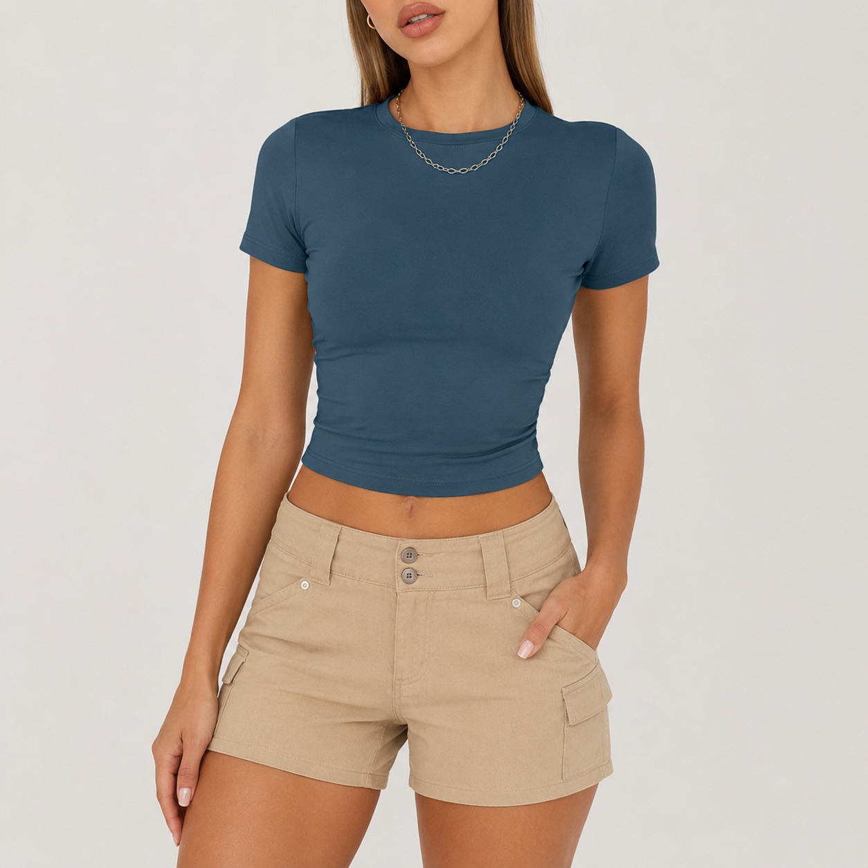 Deep Slate Blue fitted crew-neck crop top front view