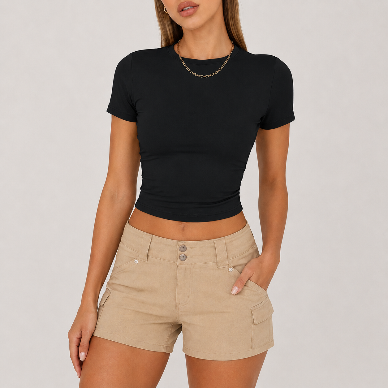 Midnight Black fitted crop top model image