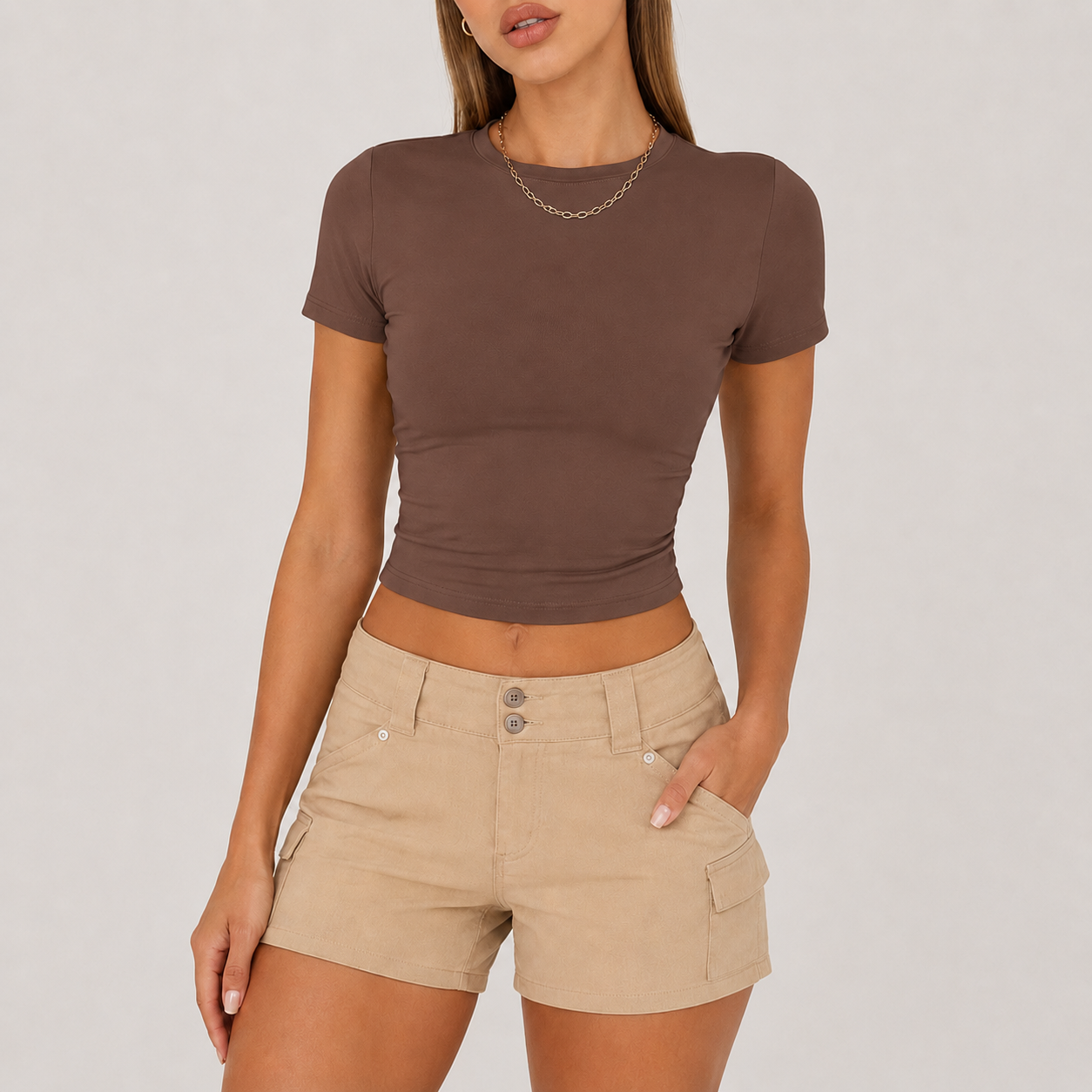 Cocoa Mocha fitted crop top model image