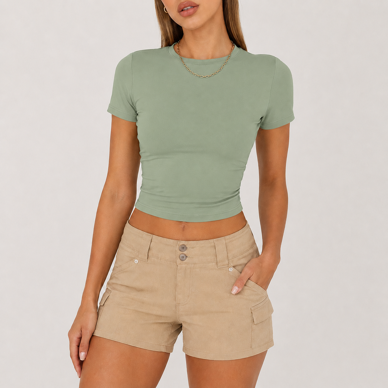 Sage Mist fitted crop top model image