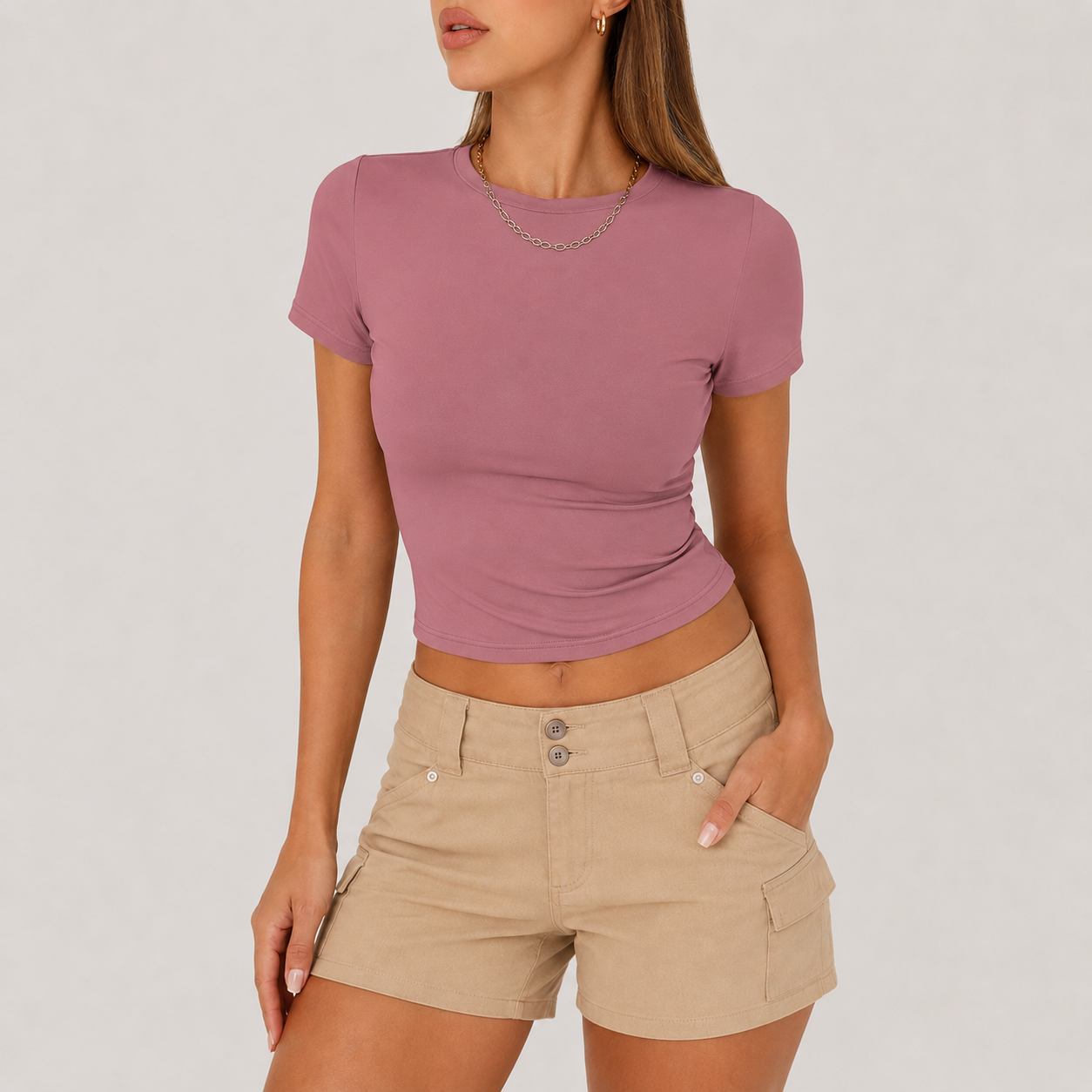 Dusty Rose fitted crop top model image
