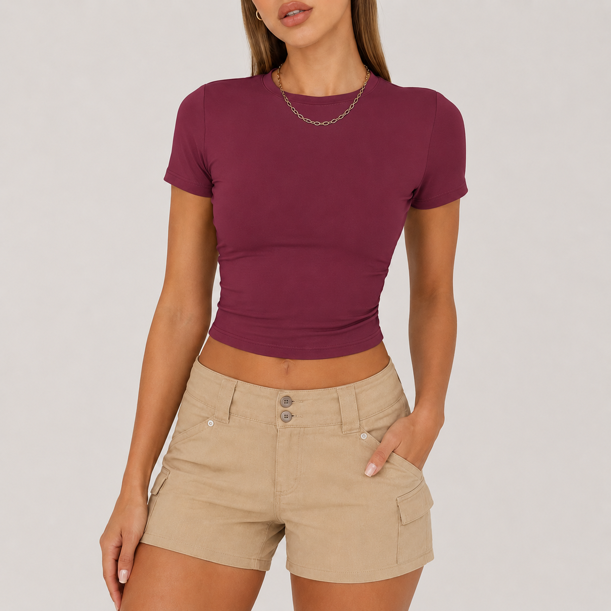 Mulberry Wine fitted crop top model image