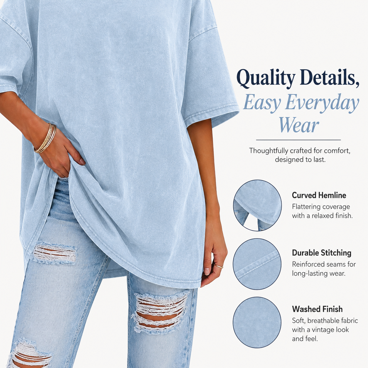 Curved hem, stitching and washed finish details