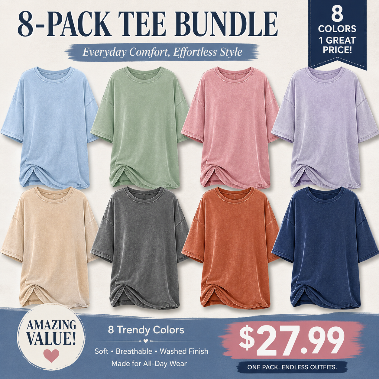 Size chart for women oversized washed crew neck T-shirt