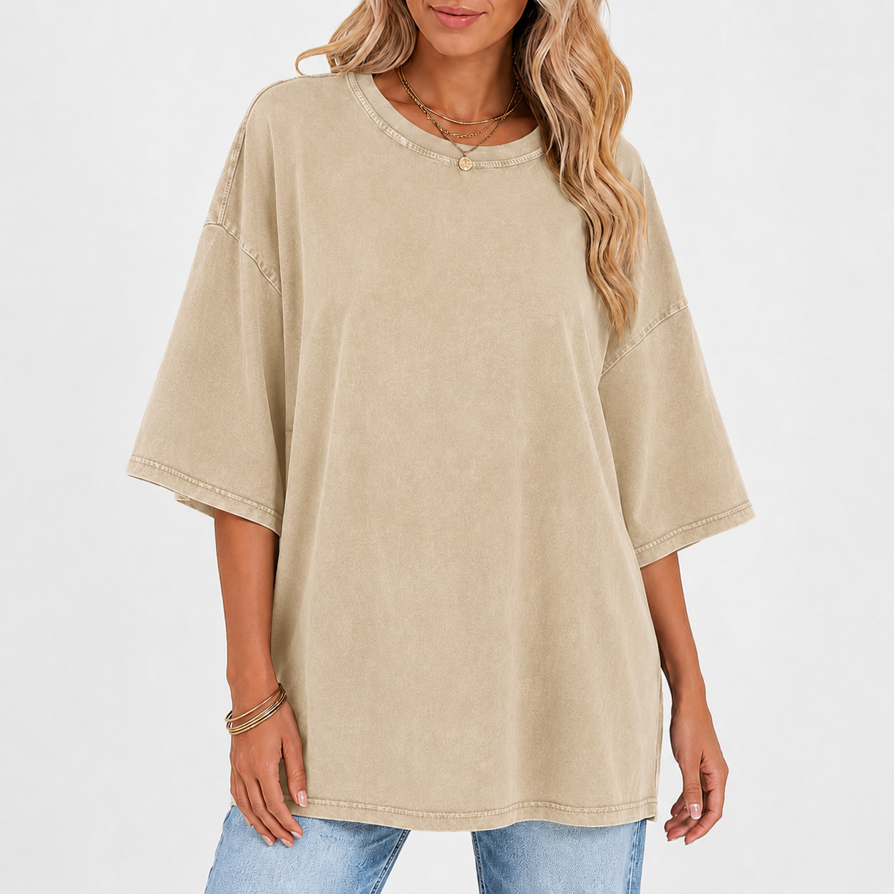 Sandstone Beige oversized washed crew neck T-shirt