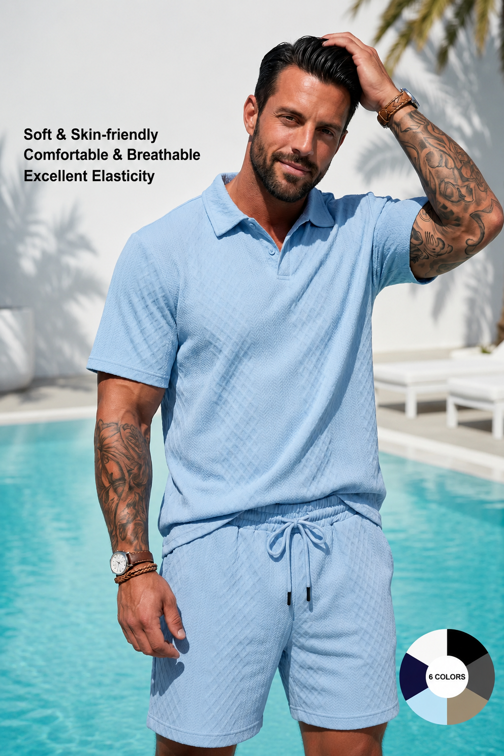 Men's Solid Polo Shirt & Drawstring Waist Shorts Set Cozy Breathable Two-piece Outfits for Daily Outdoor Wear Menswear Suits