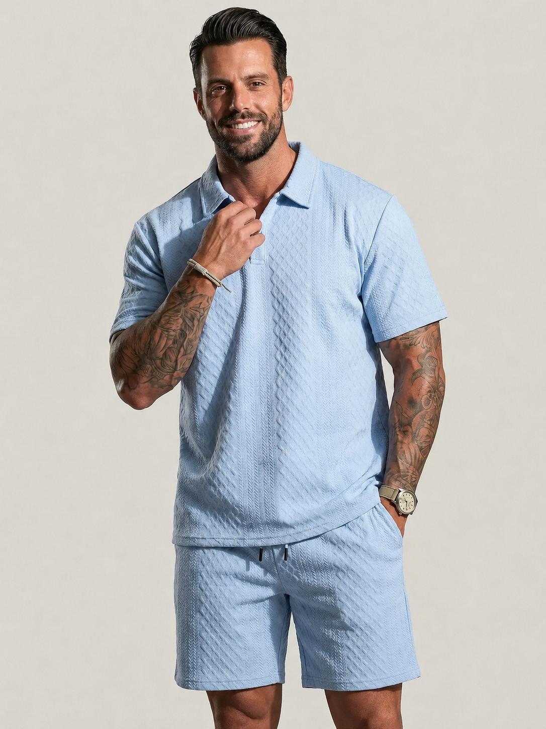 Men's Solid Polo Shirt & Drawstring Waist Shorts Set Cozy Breathable Two-piece Outfits for Daily Outdoor Wear Menswear Suits