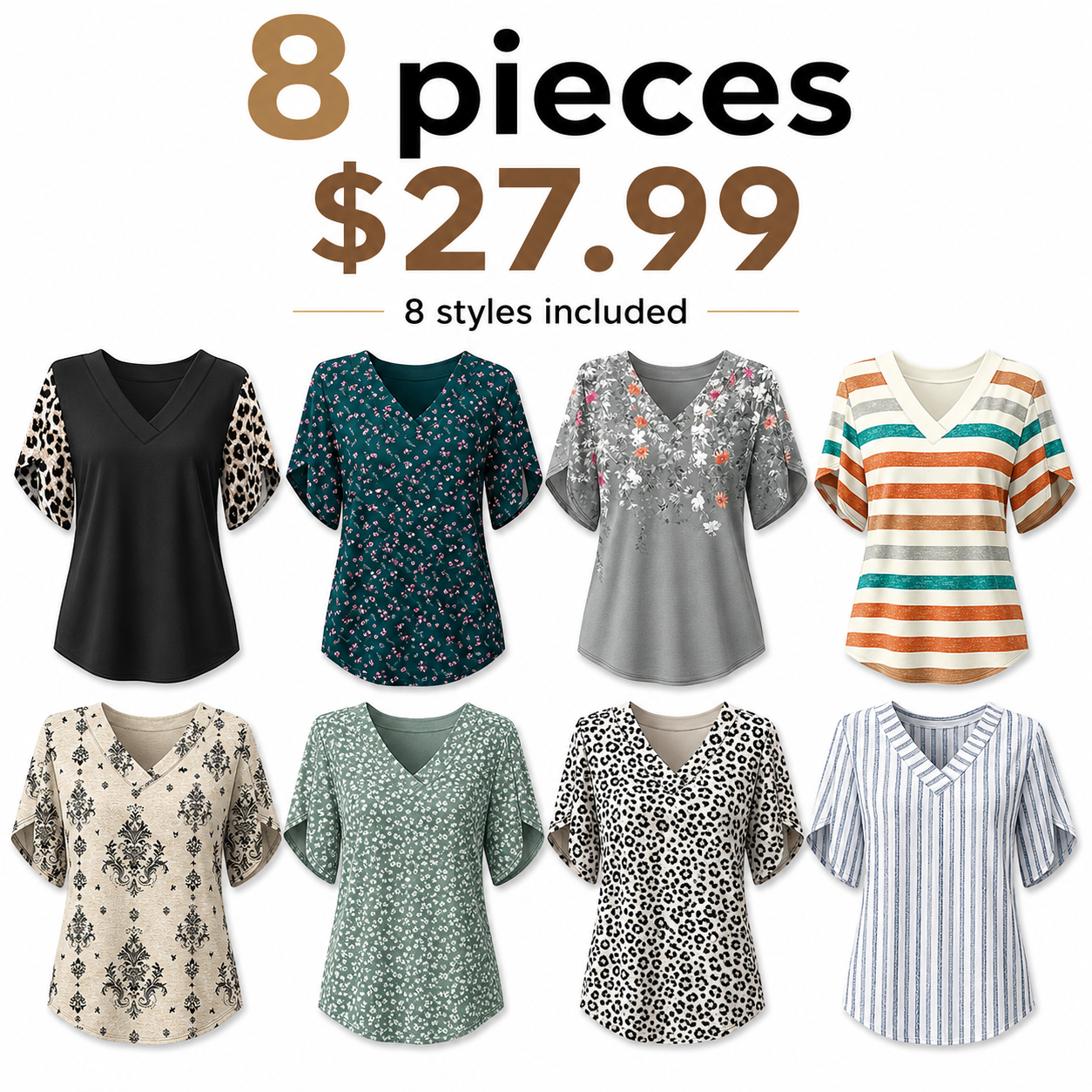 Women's summer short-sleeve T-shirt, petal print, V-neck.