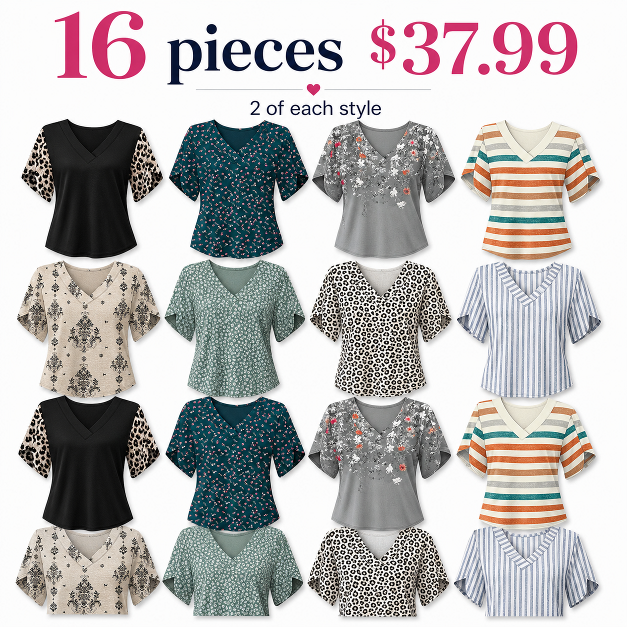 Women's summer short-sleeve T-shirt, petal print, V-neck.