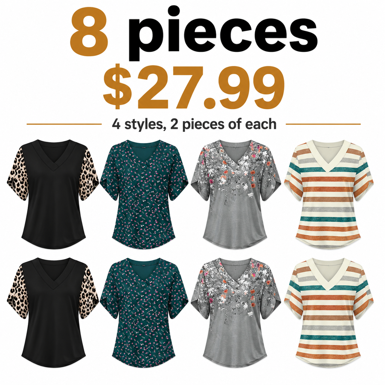 Women's summer short-sleeve T-shirt, petal print, V-neck.