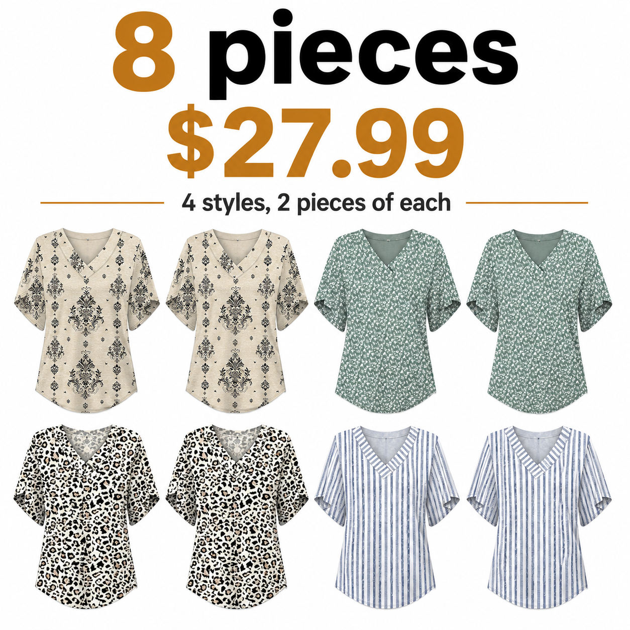 Women's summer short-sleeve T-shirt, petal print, V-neck.
