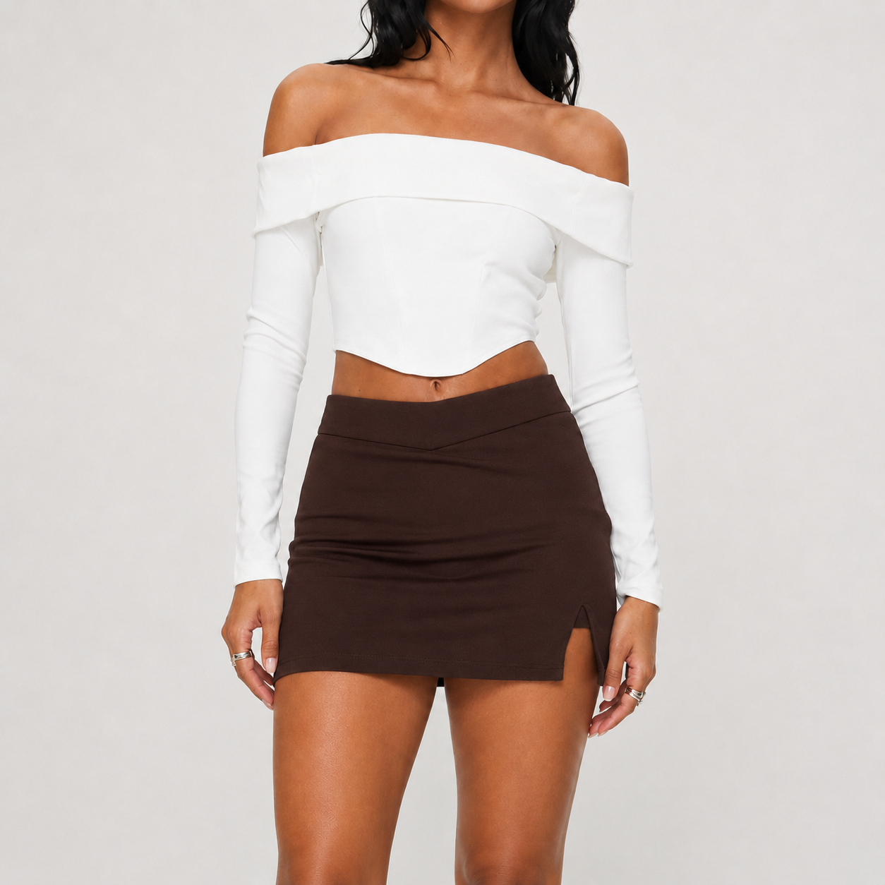 Espresso Brown women’s V-waist bodycon mini skirt