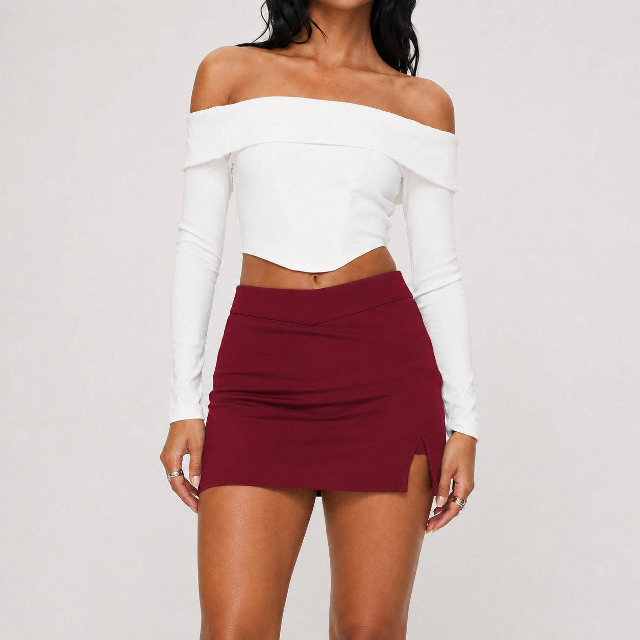 Burgundy Wine women’s V-waist bodycon mini skirt