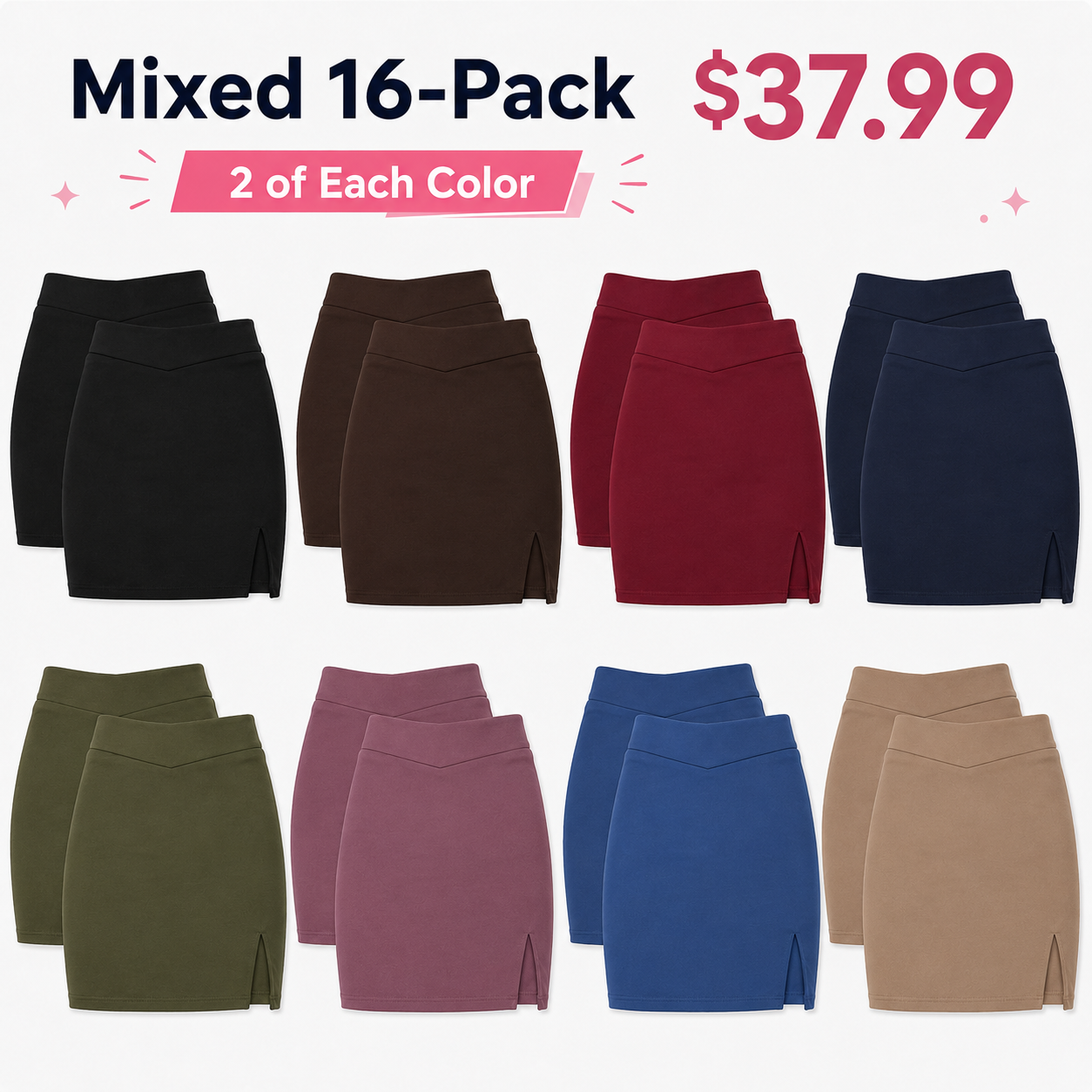 Mixed 16-Pack women’s V-waist bodycon mini skirts with two of each color