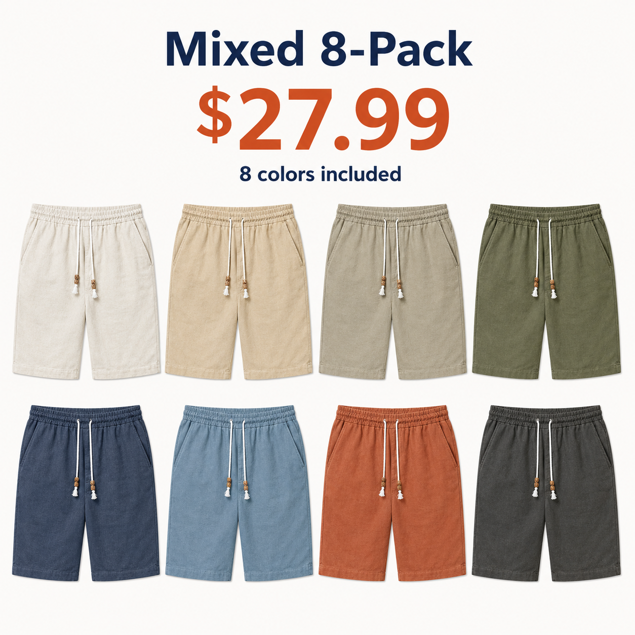 Men's linen shorts, elastic waistband with drawstring, casual style.