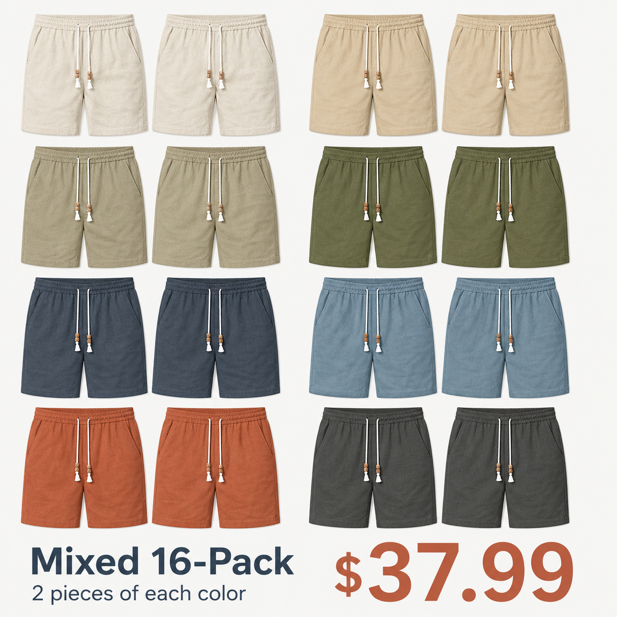 Men's linen shorts, elastic waistband with drawstring, casual style.