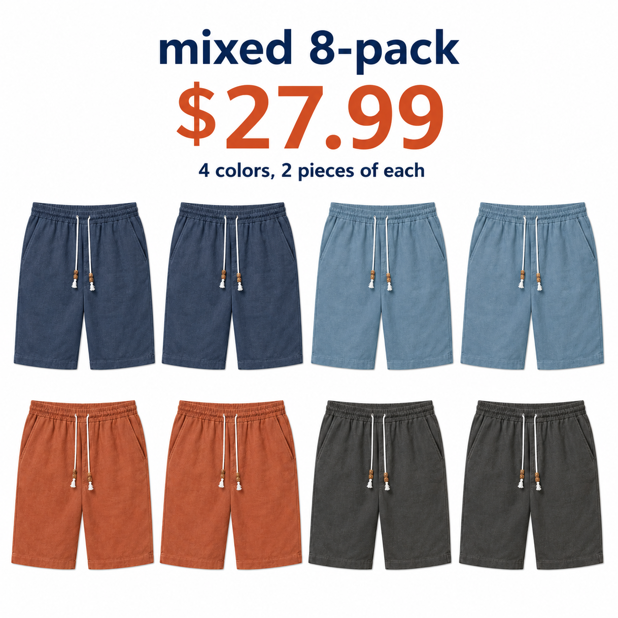 Men's linen shorts, elastic waistband with drawstring, casual style.