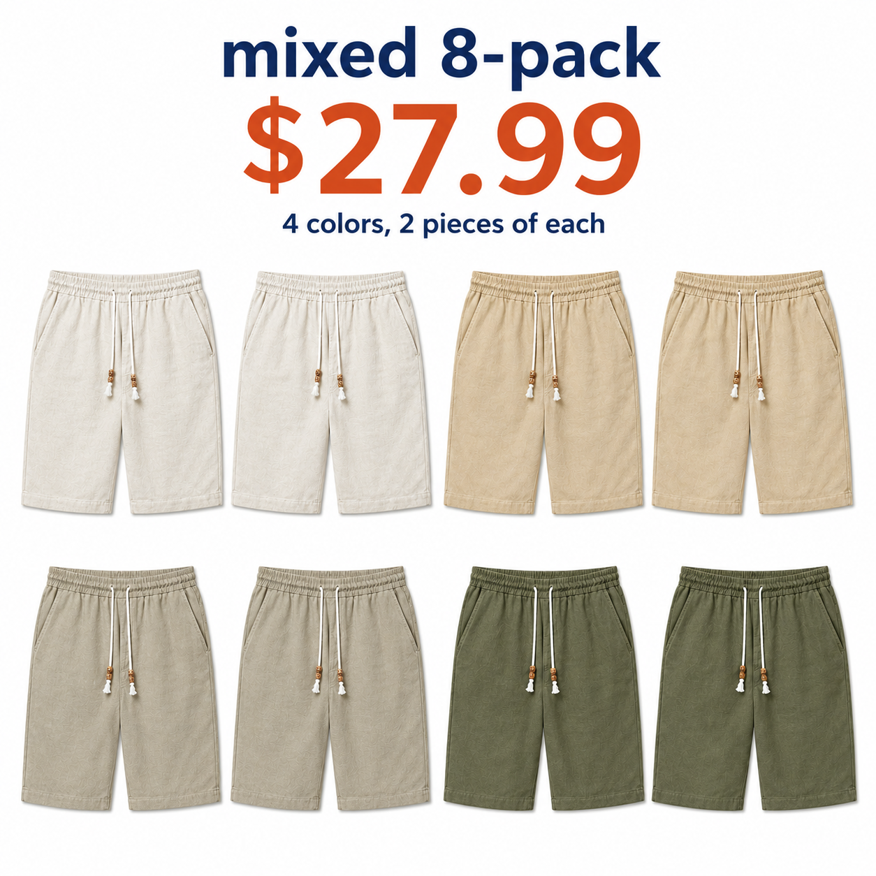 Men's linen shorts, elastic waistband with drawstring, casual style.