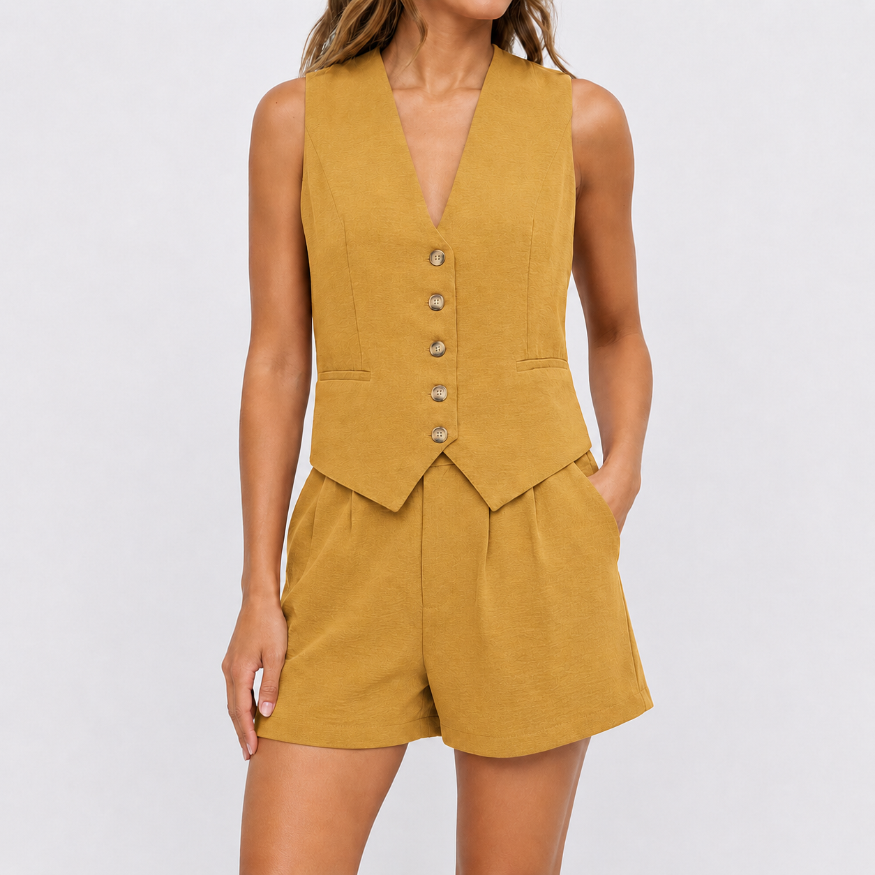 Golden Ochre tailored vest and pleated shorts set