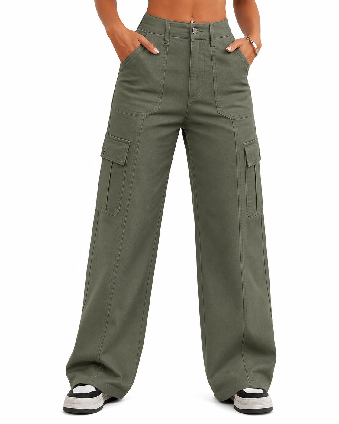 Women's Cargo Pants – Loose wide-leg fit, high-waisted stretch design, drawstring cuffs, 6 pockets, casual straight-leg style