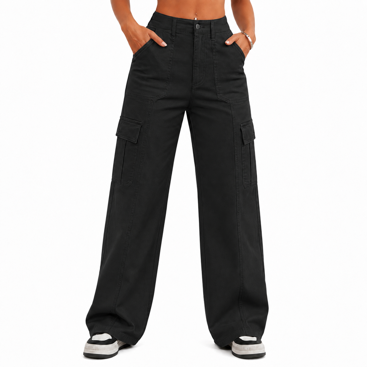 Women's Cargo Pants – Loose wide-leg fit, high-waisted stretch design, drawstring cuffs, 6 pockets, casual straight-leg style