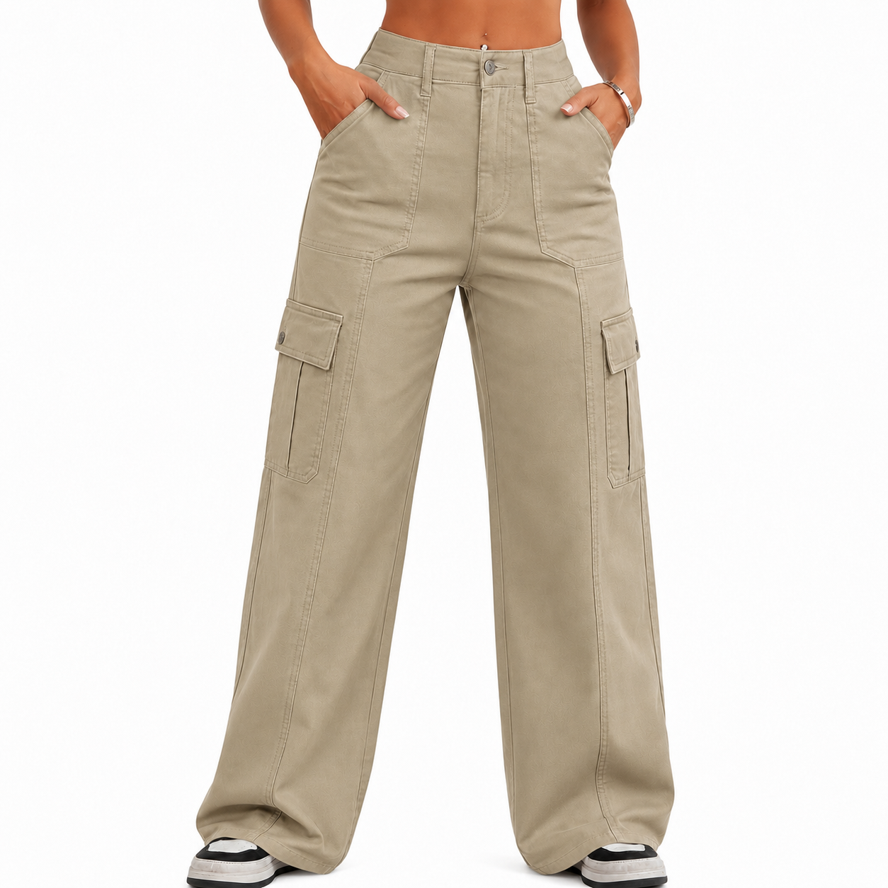 Women's Cargo Pants – Loose wide-leg fit, high-waisted stretch design, drawstring cuffs, 6 pockets, casual straight-leg style