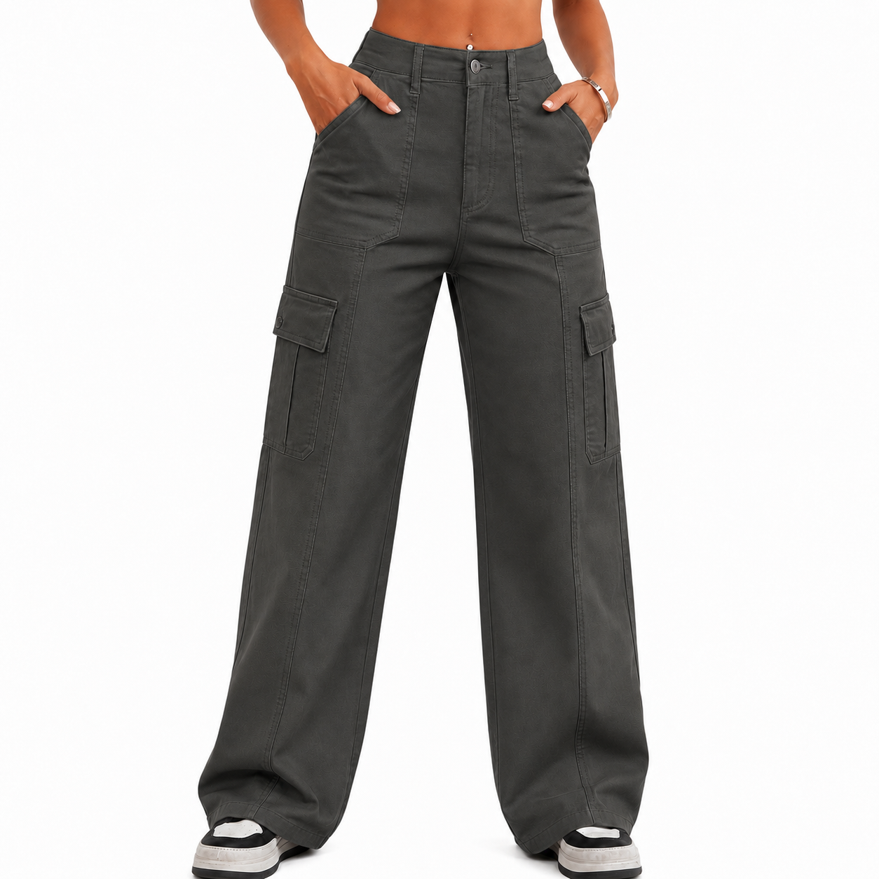 Women's Cargo Pants – Loose wide-leg fit, high-waisted stretch design, drawstring cuffs, 6 pockets, casual straight-leg style