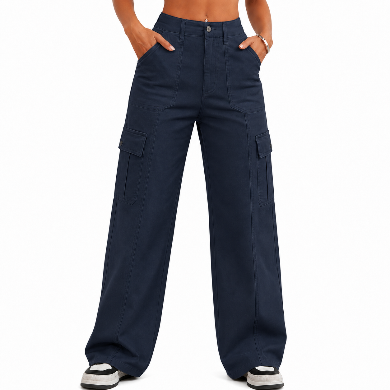 Women's Cargo Pants – Loose wide-leg fit, high-waisted stretch design, drawstring cuffs, 6 pockets, casual straight-leg style