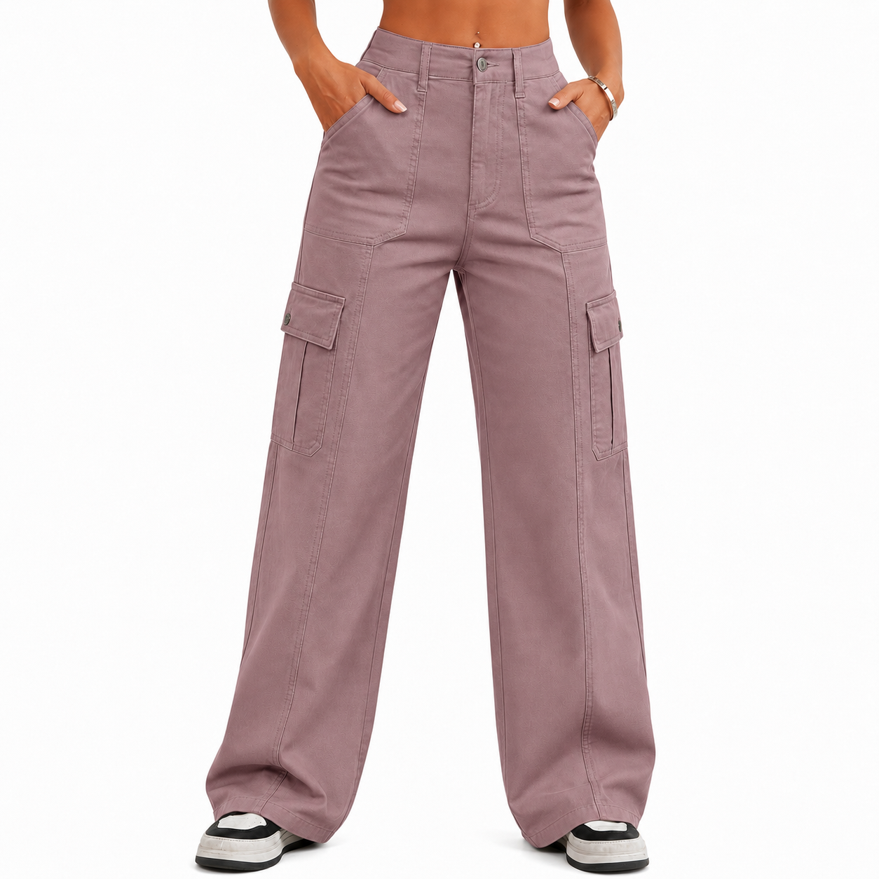 Women's Cargo Pants – Loose wide-leg fit, high-waisted stretch design, drawstring cuffs, 6 pockets, casual straight-leg style