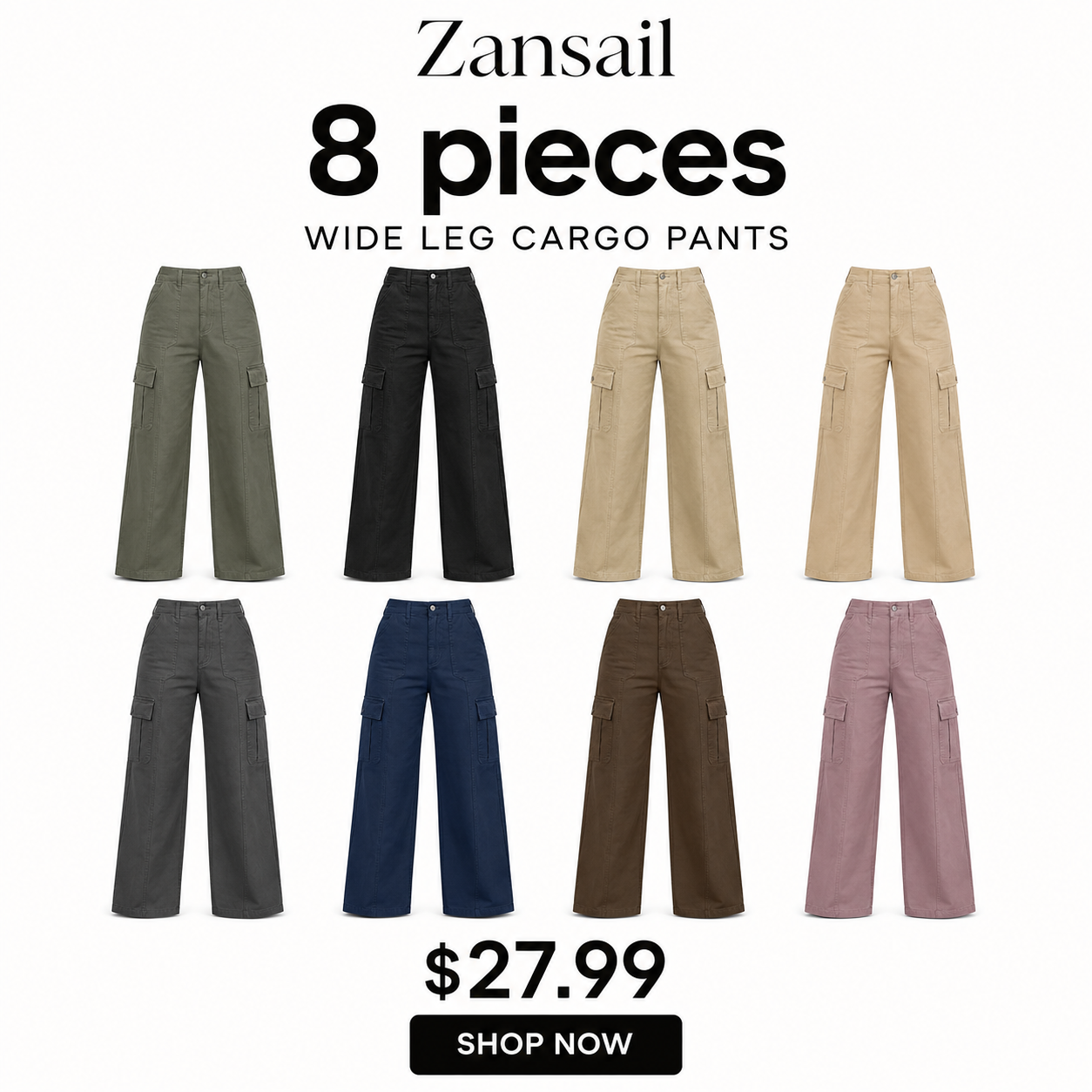 Women's Cargo Pants – Loose wide-leg fit, high-waisted stretch design, drawstring cuffs, 6 pockets, casual straight-leg style