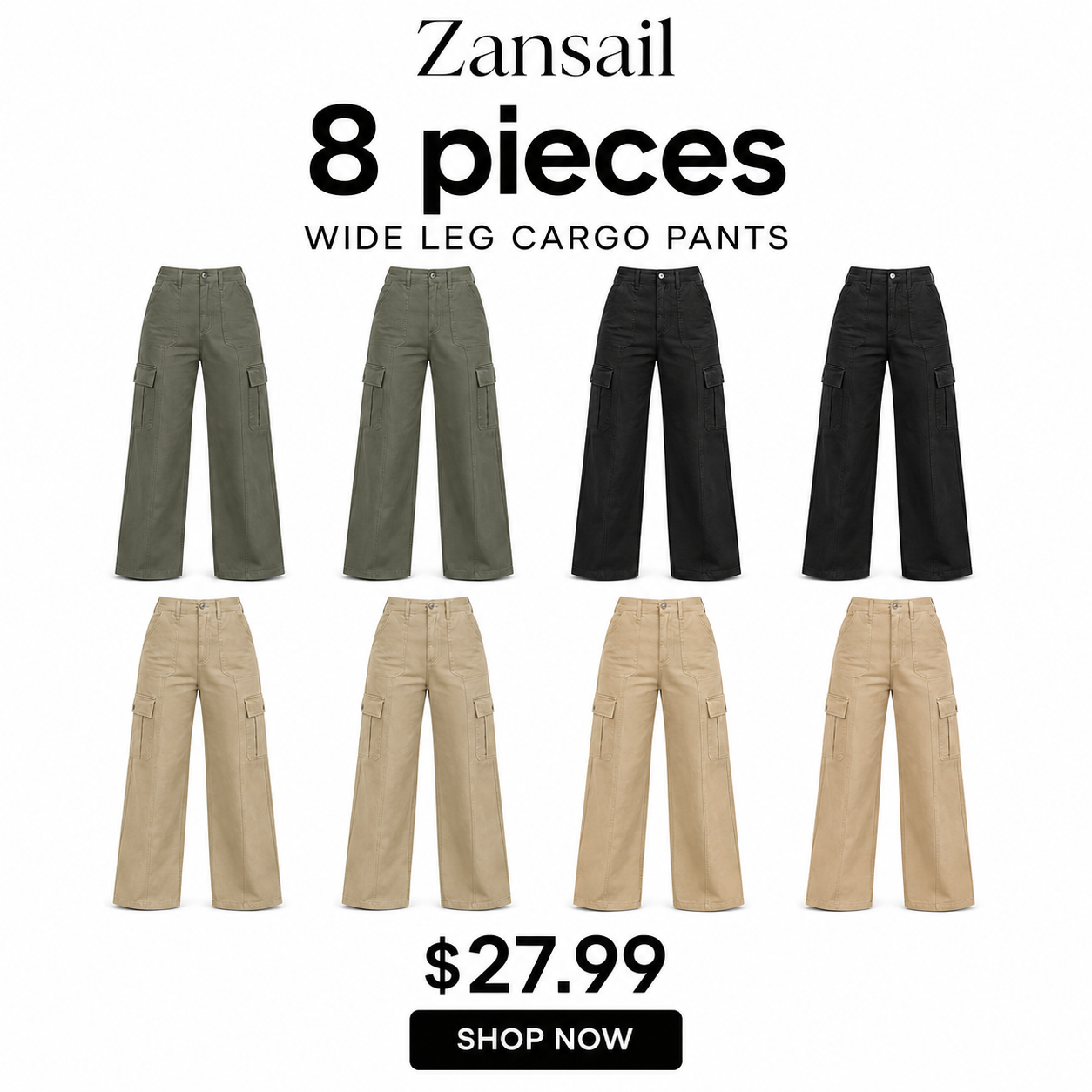 Women's Cargo Pants – Loose wide-leg fit, high-waisted stretch design, drawstring cuffs, 6 pockets, casual straight-leg style