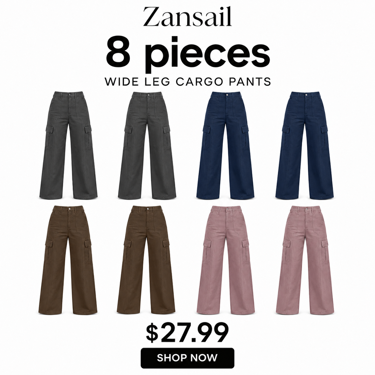 Women's Cargo Pants – Loose wide-leg fit, high-waisted stretch design, drawstring cuffs, 6 pockets, casual straight-leg style