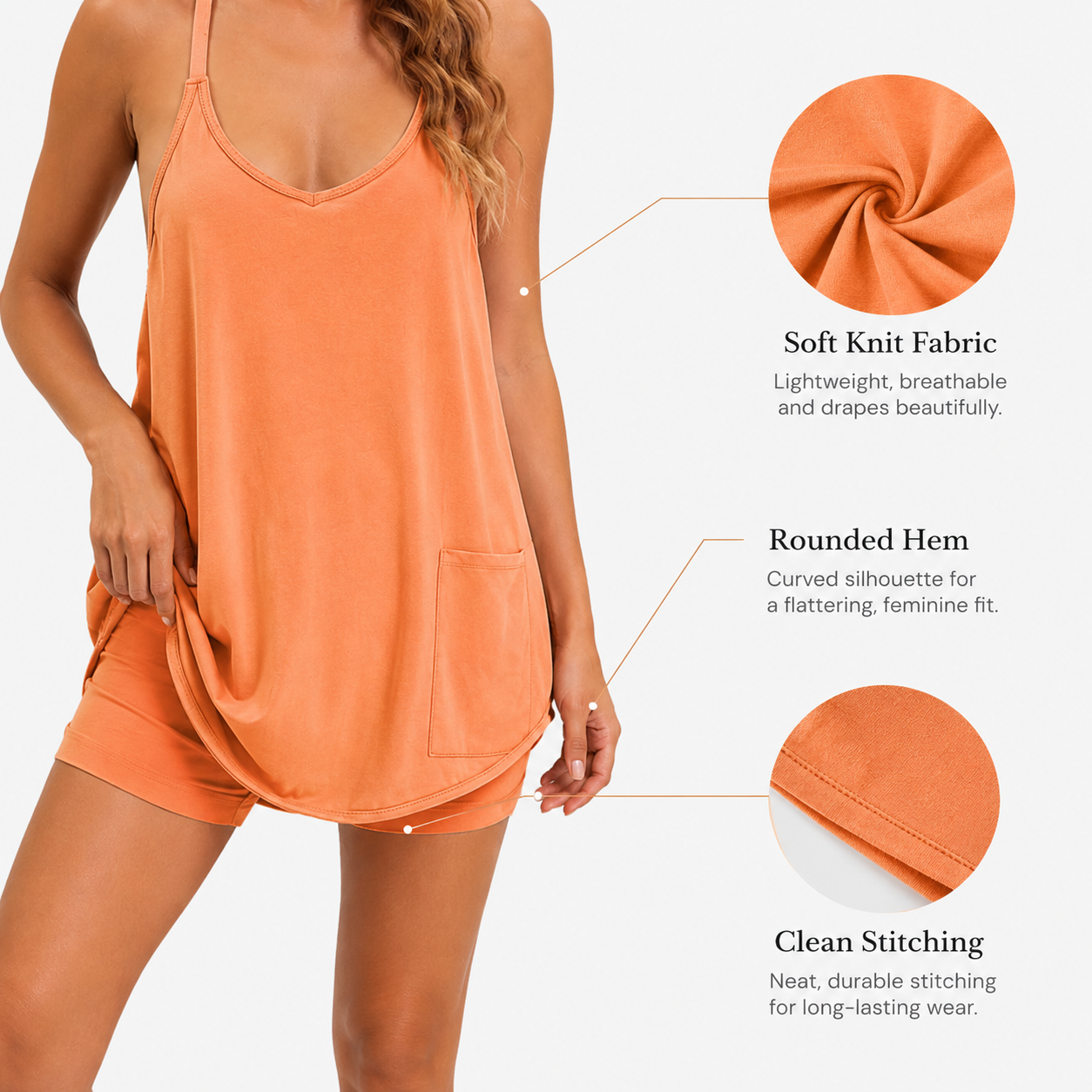 Soft knit fabric, rounded hem and clean stitching details